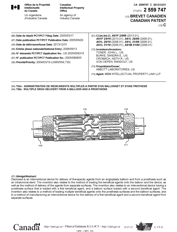 Document de brevet canadien 2559747. Page couverture 20131128. Image 1 de 1