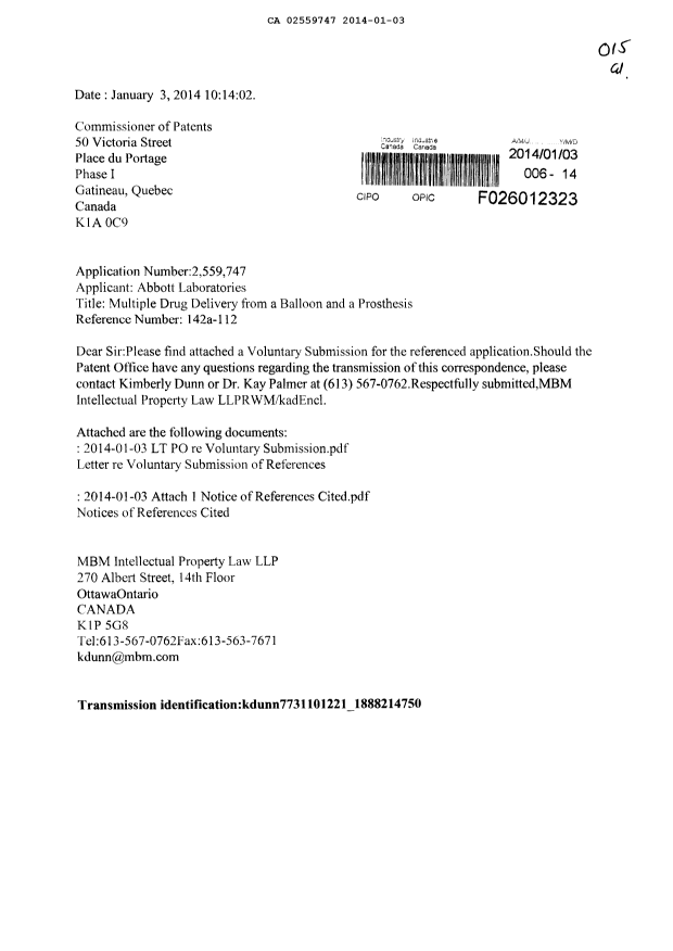 Canadian Patent Document 2559747. Prosecution-Amendment 20140103. Image 1 of 3