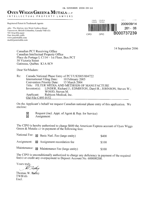 Document de brevet canadien 2559895. Cession 20060914. Image 1 de 8