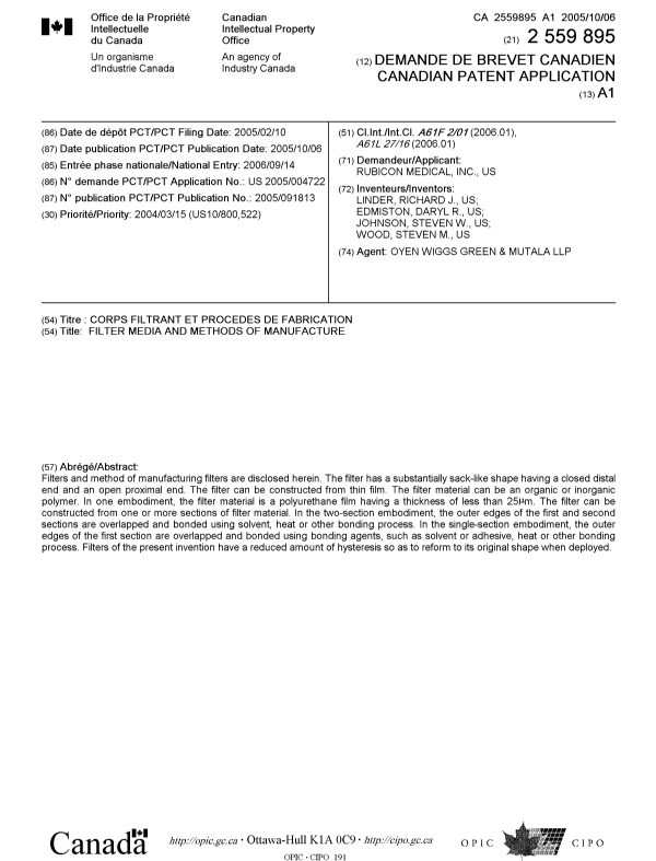 Document de brevet canadien 2559895. Page couverture 20061114. Image 1 de 1