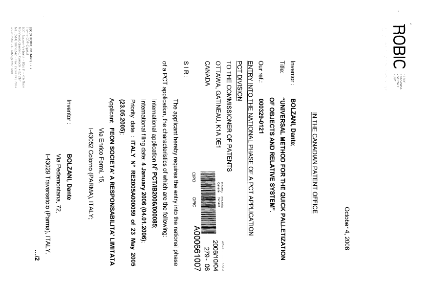 Document de brevet canadien 2559988. Cession 20061004. Image 1 de 5