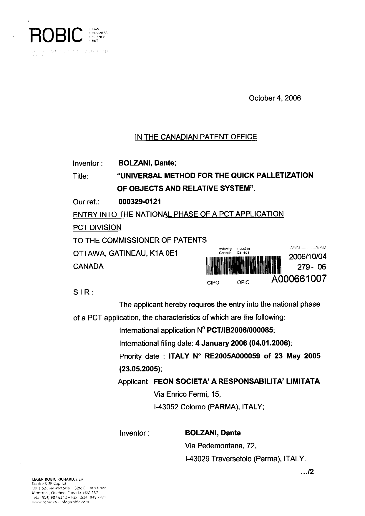Document de brevet canadien 2559988. Cession 20061004. Image 1 de 5