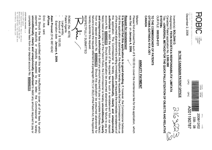 Document de brevet canadien 2559988. Taxes 20081202. Image 1 de 1