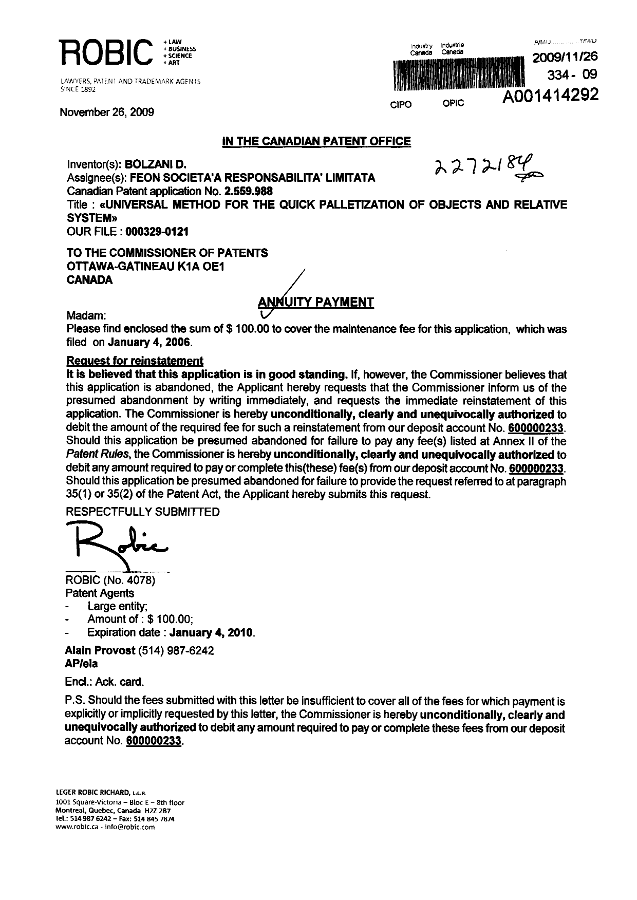 Document de brevet canadien 2559988. Taxes 20091126. Image 1 de 1