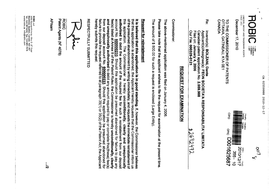 Document de brevet canadien 2559988. Poursuite-Amendment 20101217. Image 1 de 2