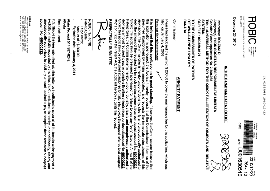 Document de brevet canadien 2559988. Taxes 20101223. Image 1 de 1