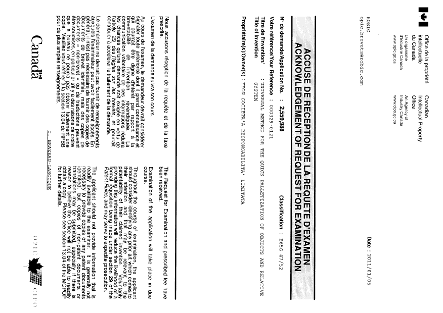 Document de brevet canadien 2559988. Correspondance 20110105. Image 1 de 1