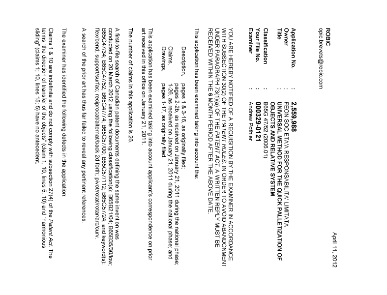 Document de brevet canadien 2559988. Poursuite-Amendment 20120411. Image 1 de 2