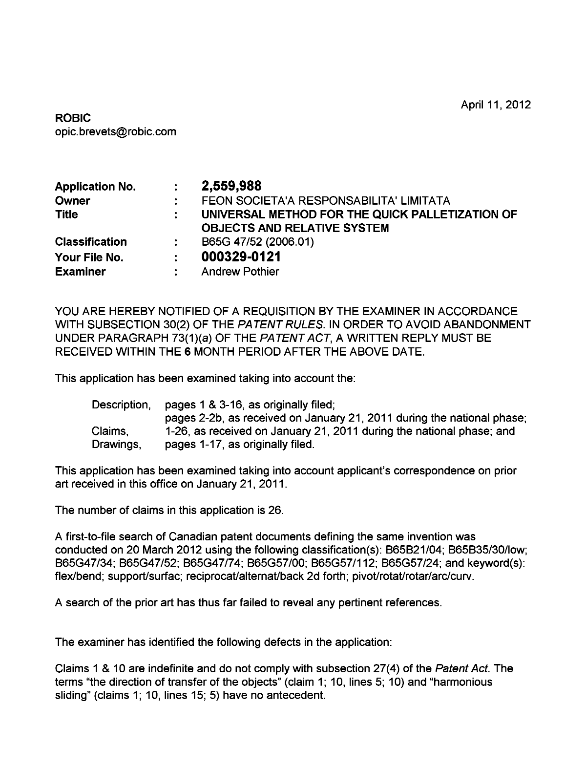 Document de brevet canadien 2559988. Poursuite-Amendment 20120411. Image 1 de 2