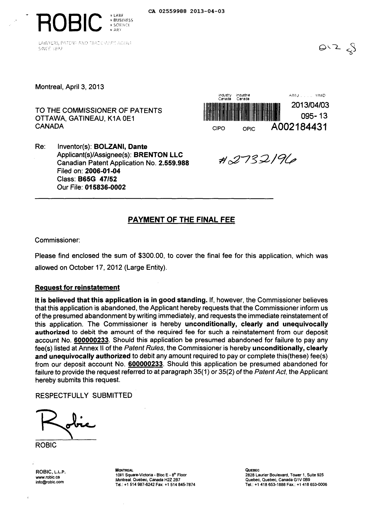 Document de brevet canadien 2559988. Correspondance 20130403. Image 1 de 2