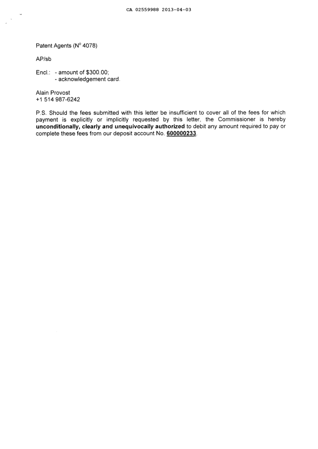 Document de brevet canadien 2559988. Correspondance 20130403. Image 2 de 2
