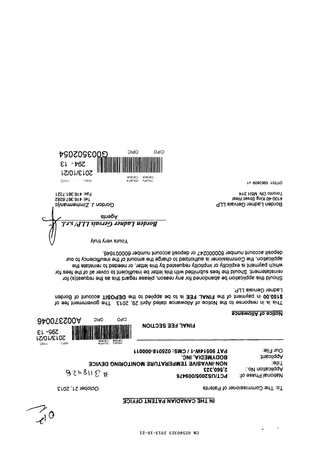Canadian Patent Document 2560323. Correspondence 20131021. Image 1 of 2