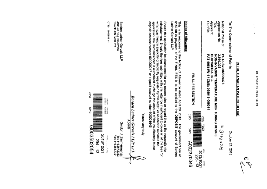 Document de brevet canadien 2560323. Correspondance 20131021. Image 1 de 2