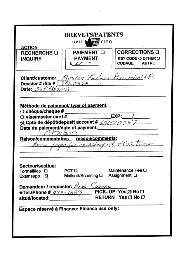 Document de brevet canadien 2560323. Correspondance 20131021. Image 2 de 2