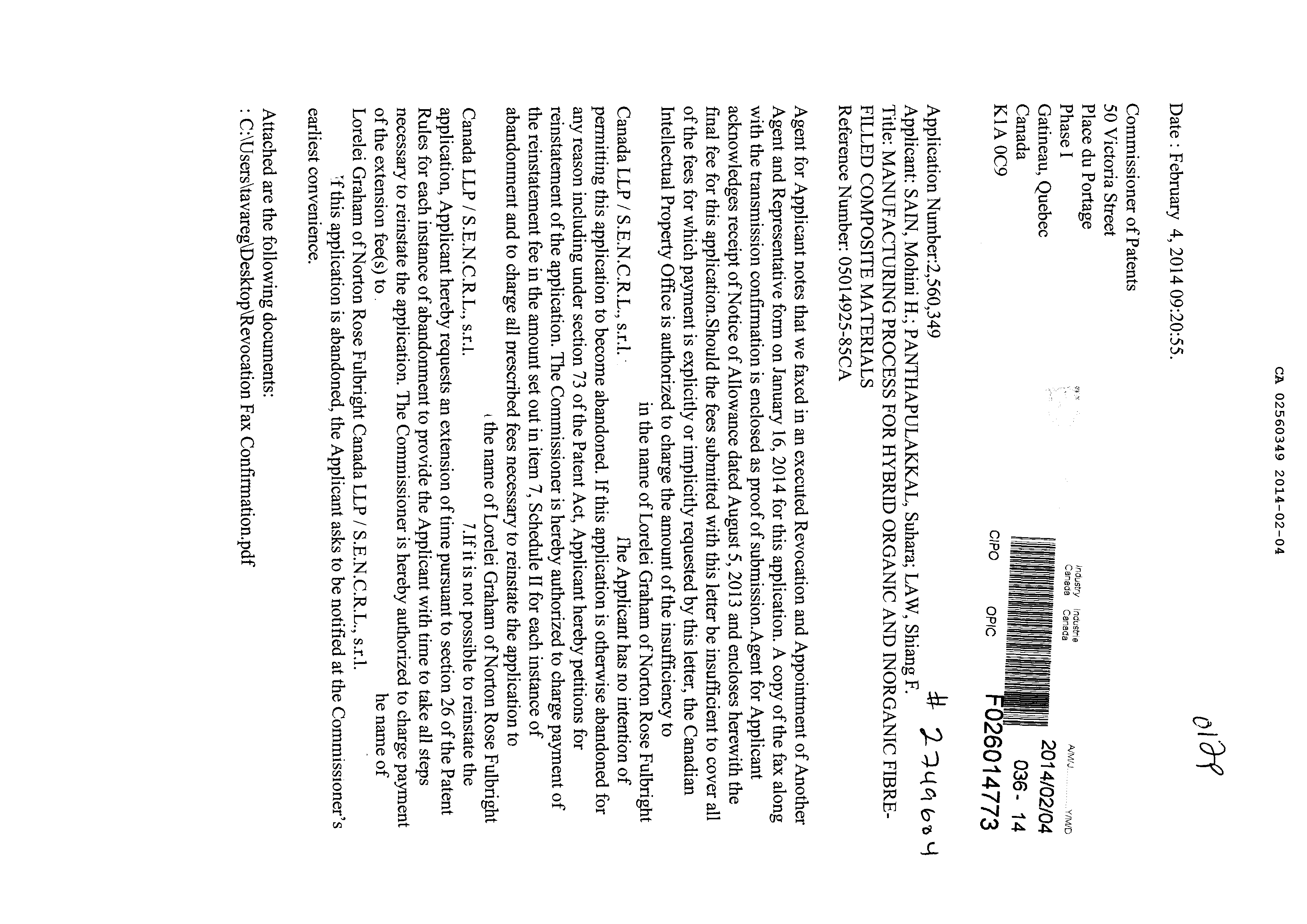 Canadian Patent Document 2560349. Correspondence 20131204. Image 1 of 6