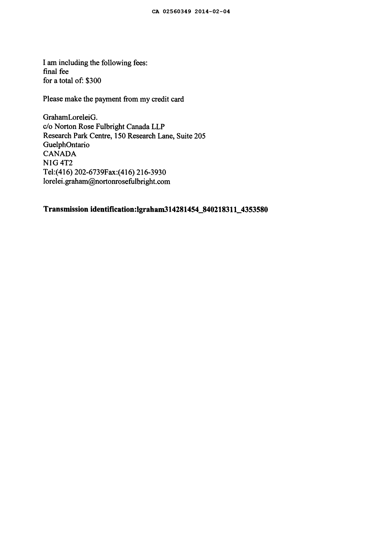 Document de brevet canadien 2560349. Correspondance 20131204. Image 2 de 6