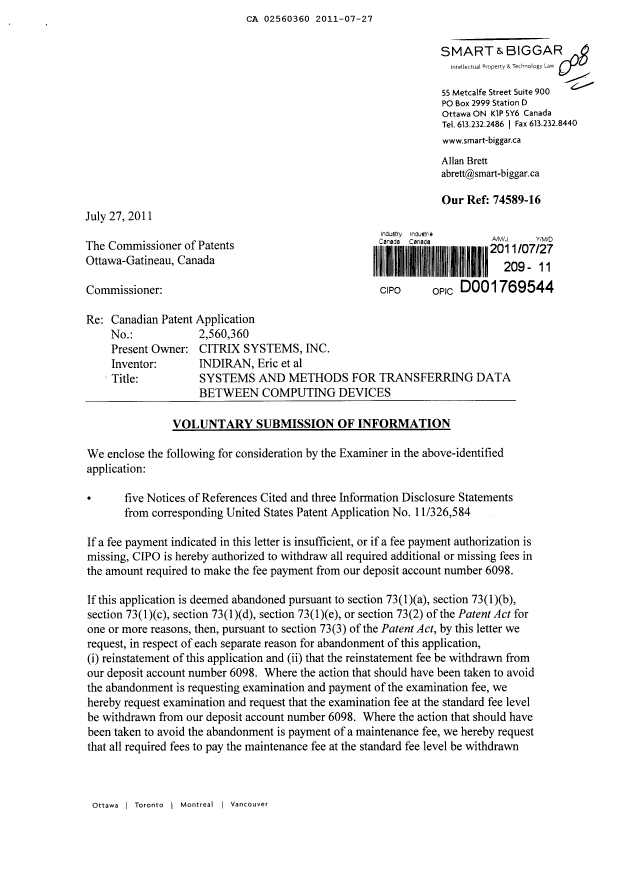 Canadian Patent Document 2560360. Prosecution-Amendment 20110727. Image 1 of 2