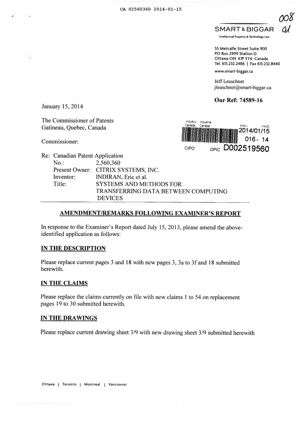 Canadian Patent Document 2560360. Prosecution-Amendment 20140115. Image 1 of 29