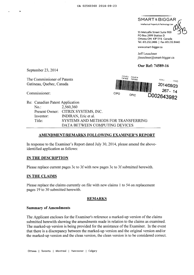 Document de brevet canadien 2560360. Poursuite-Amendment 20140923. Image 1 de 33