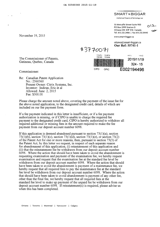Document de brevet canadien 2560360. Taxe finale 20151119. Image 1 de 2