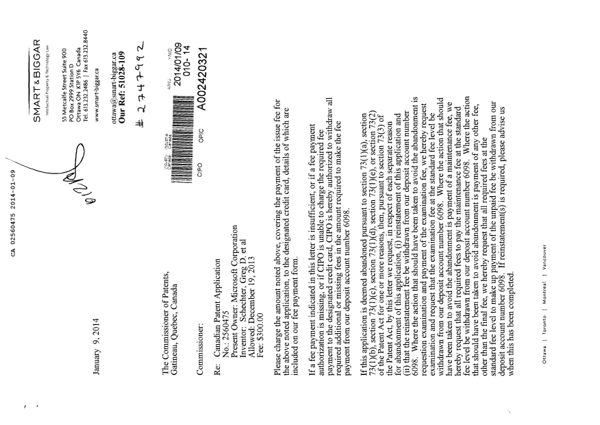 Canadian Patent Document 2560475. Correspondence 20131209. Image 1 of 2