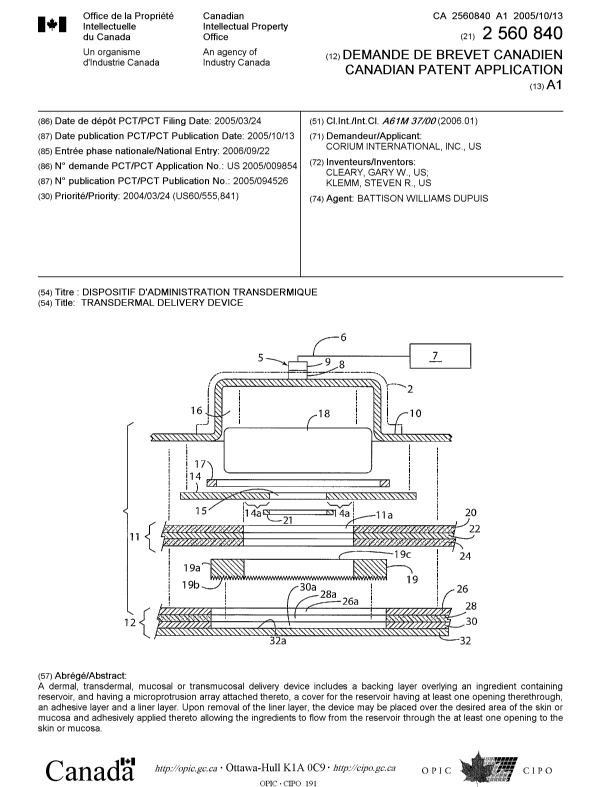 Document de brevet canadien 2560840. Page couverture 20061120. Image 1 de 1