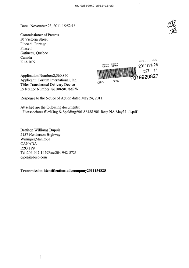 Document de brevet canadien 2560840. Poursuite-Amendment 20101223. Image 1 de 23