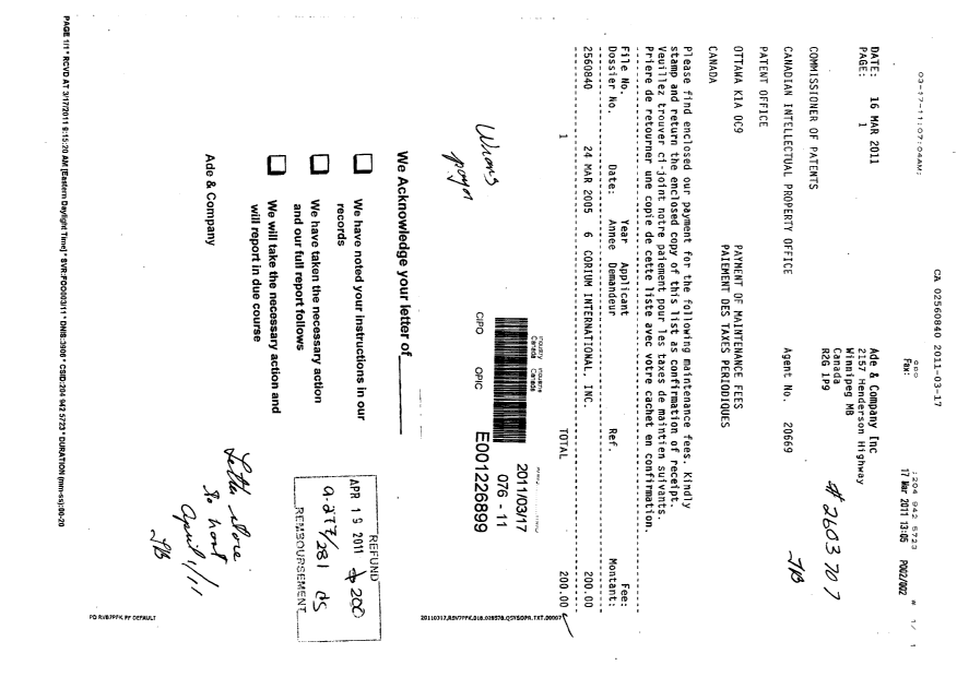 Canadian Patent Document 2560840. Fees 20110317. Image 1 of 1