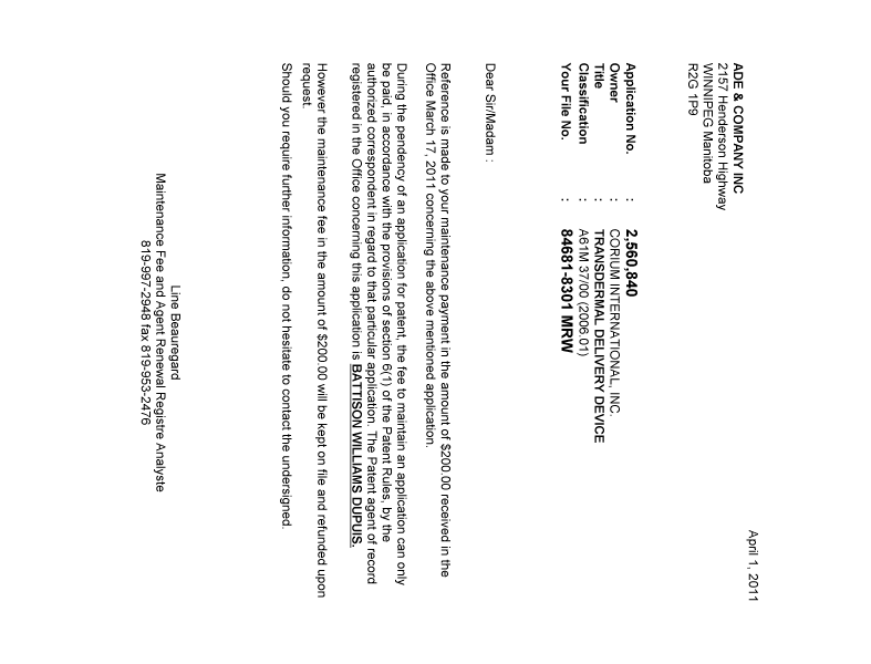 Canadian Patent Document 2560840. Correspondence 20110401. Image 1 of 1