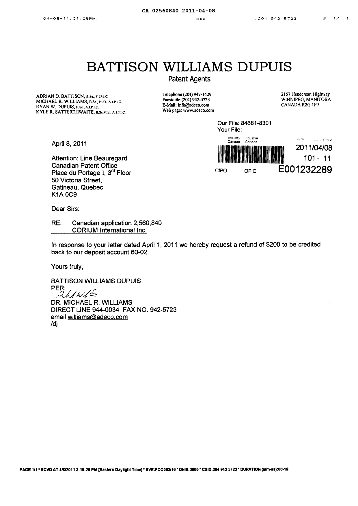Canadian Patent Document 2560840. Fees 20110408. Image 1 of 1