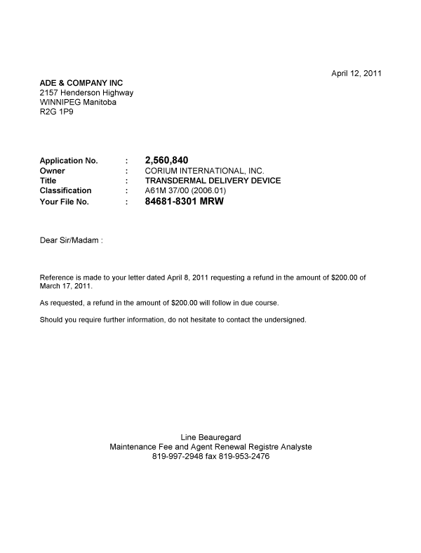 Document de brevet canadien 2560840. Correspondance 20110412. Image 1 de 1