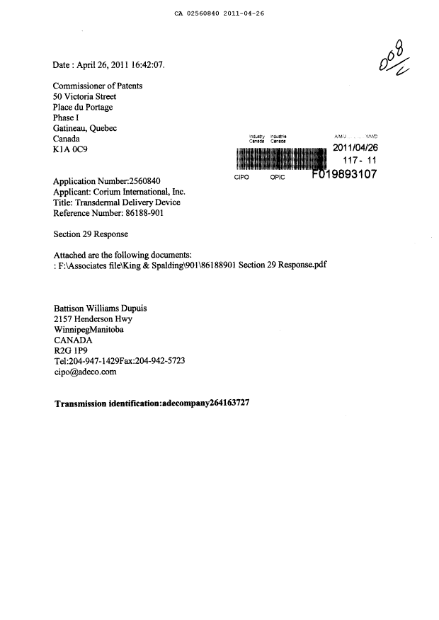 Document de brevet canadien 2560840. Poursuite-Amendment 20110426. Image 1 de 2