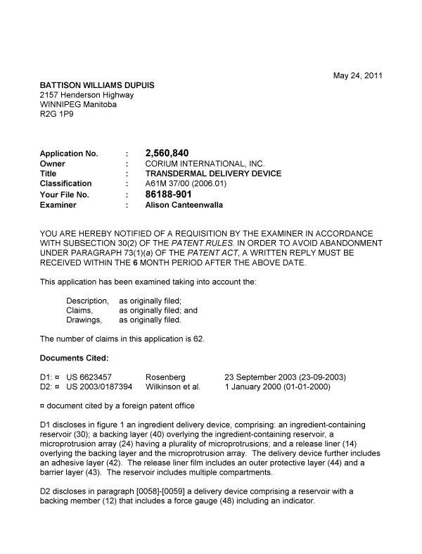 Canadian Patent Document 2560840. Prosecution-Amendment 20110524. Image 1 of 2