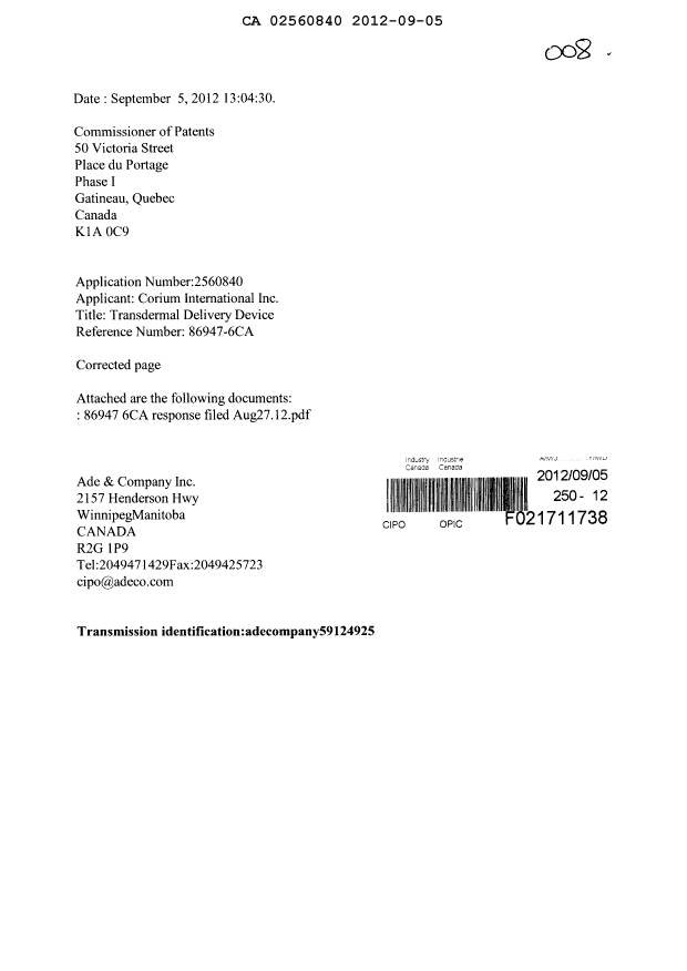 Document de brevet canadien 2560840. Poursuite-Amendment 20120905. Image 1 de 20
