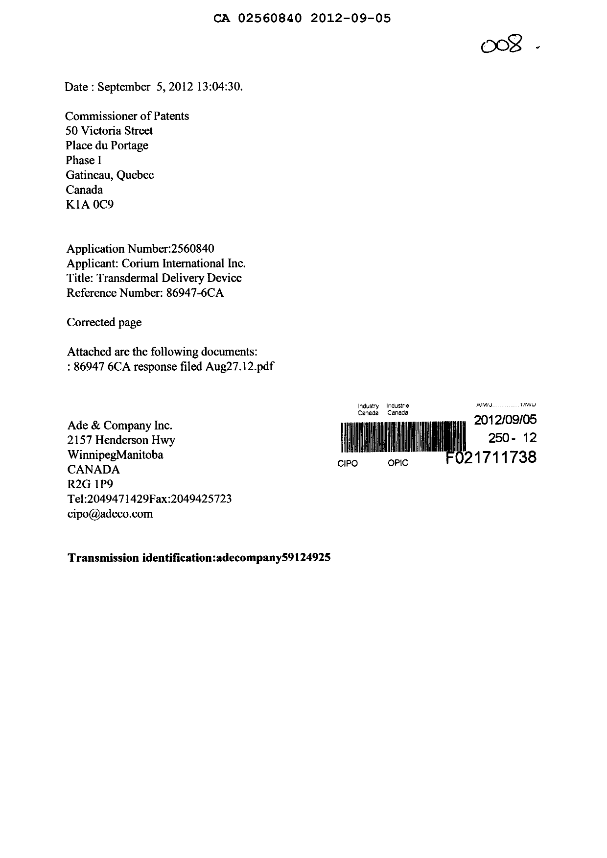Canadian Patent Document 2560840. Prosecution-Amendment 20120905. Image 1 of 20
