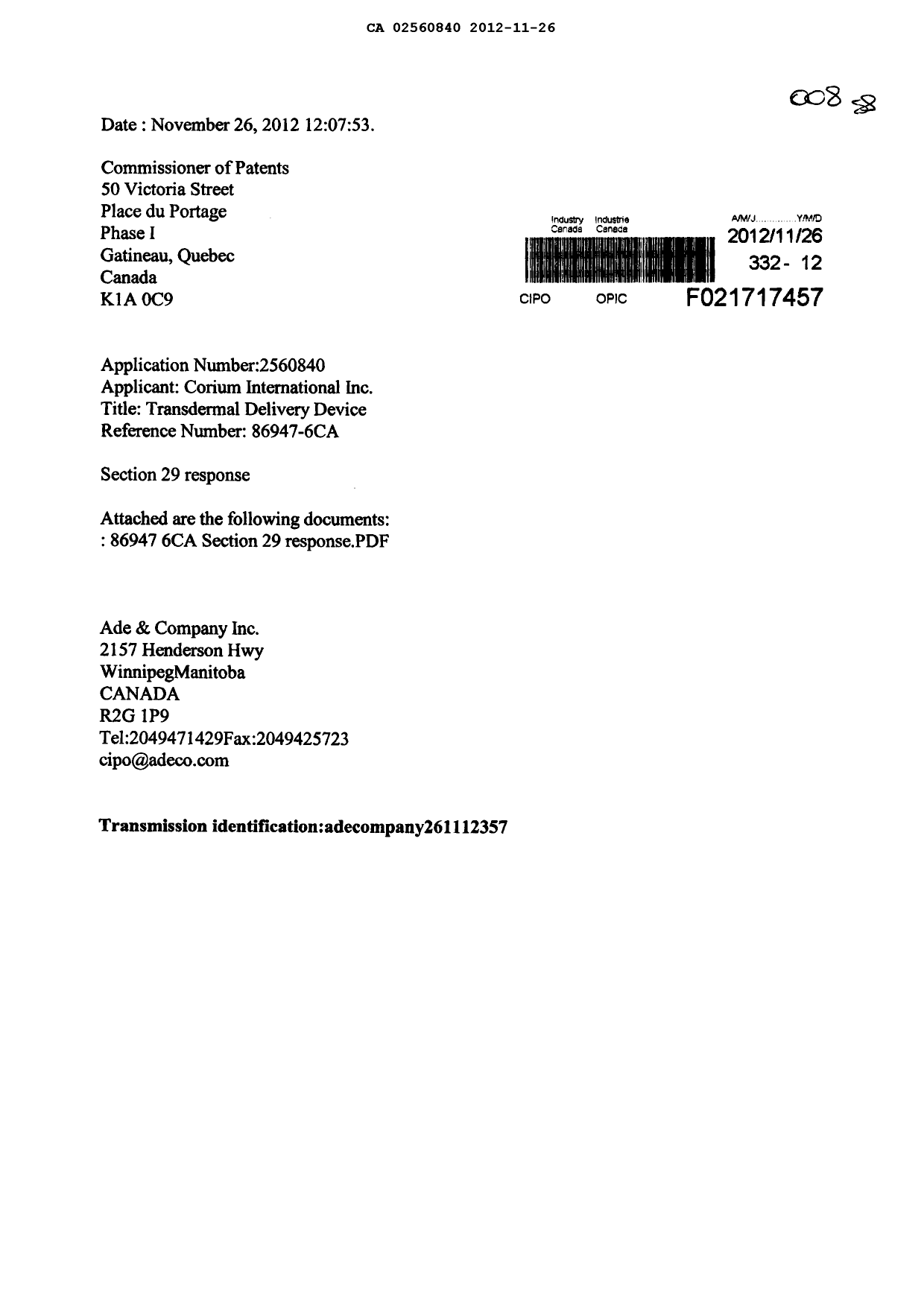 Canadian Patent Document 2560840. Prosecution-Amendment 20121126. Image 1 of 2