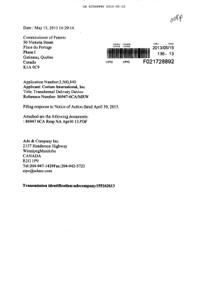 Document de brevet canadien 2560840. Poursuite-Amendment 20121215. Image 1 de 6