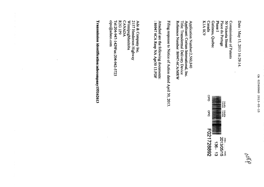 Canadian Patent Document 2560840. Prosecution-Amendment 20121215. Image 1 of 6