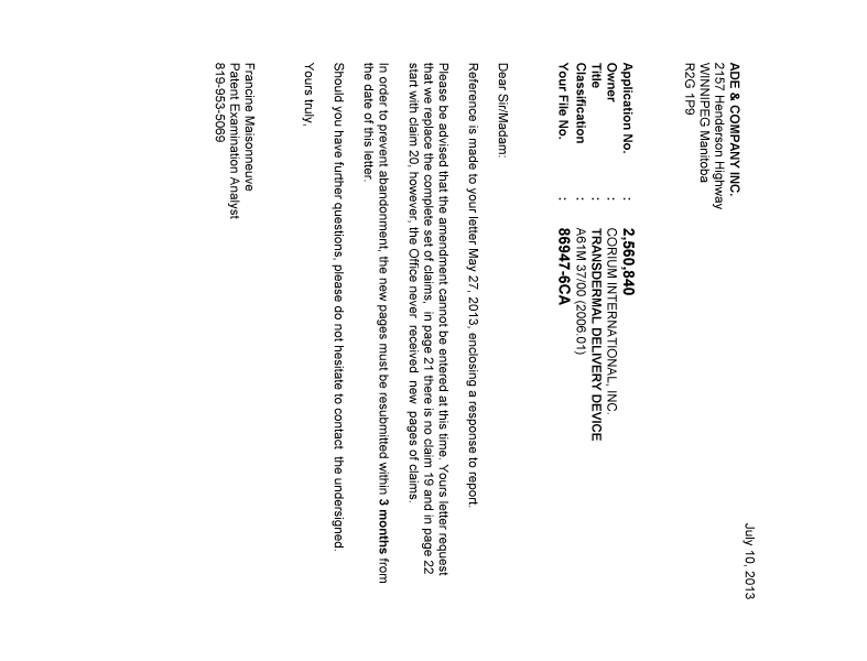 Canadian Patent Document 2560840. Correspondence 20130710. Image 1 of 1