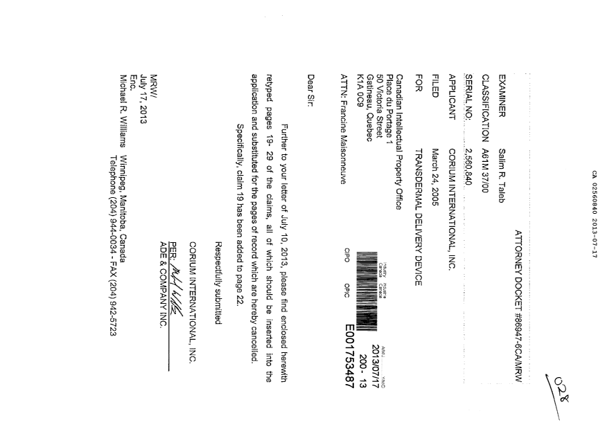 Canadian Patent Document 2560840. Correspondence 20130717. Image 1 of 18