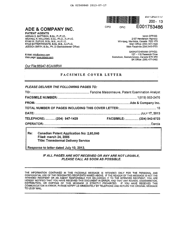 Canadian Patent Document 2560840. Correspondence 20130717. Image 2 of 18