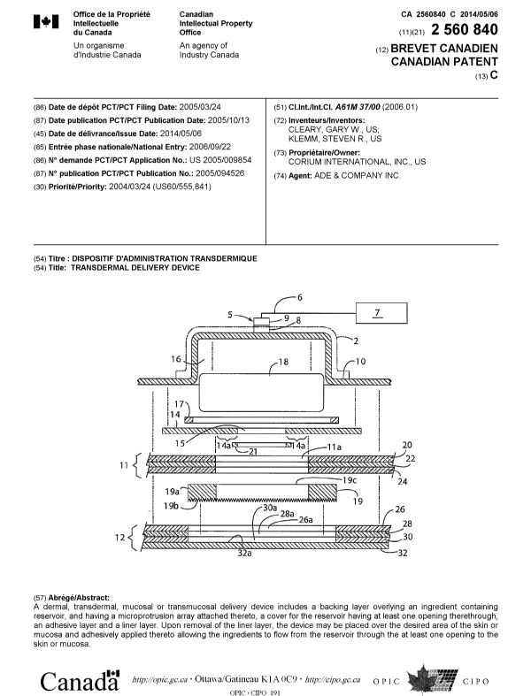 Document de brevet canadien 2560840. Page couverture 20140404. Image 1 de 1