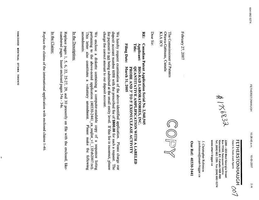 Document de brevet canadien 2560945. Poursuite-Amendment 20070227. Image 1 de 4