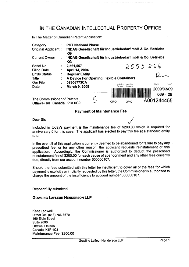 Document de brevet canadien 2561557. Taxes 20090309. Image 1 de 1