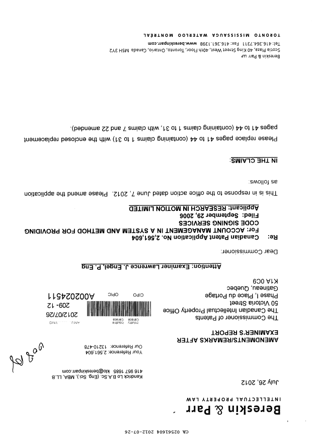 Document de brevet canadien 2561604. Poursuite-Amendment 20120726. Image 1 de 6