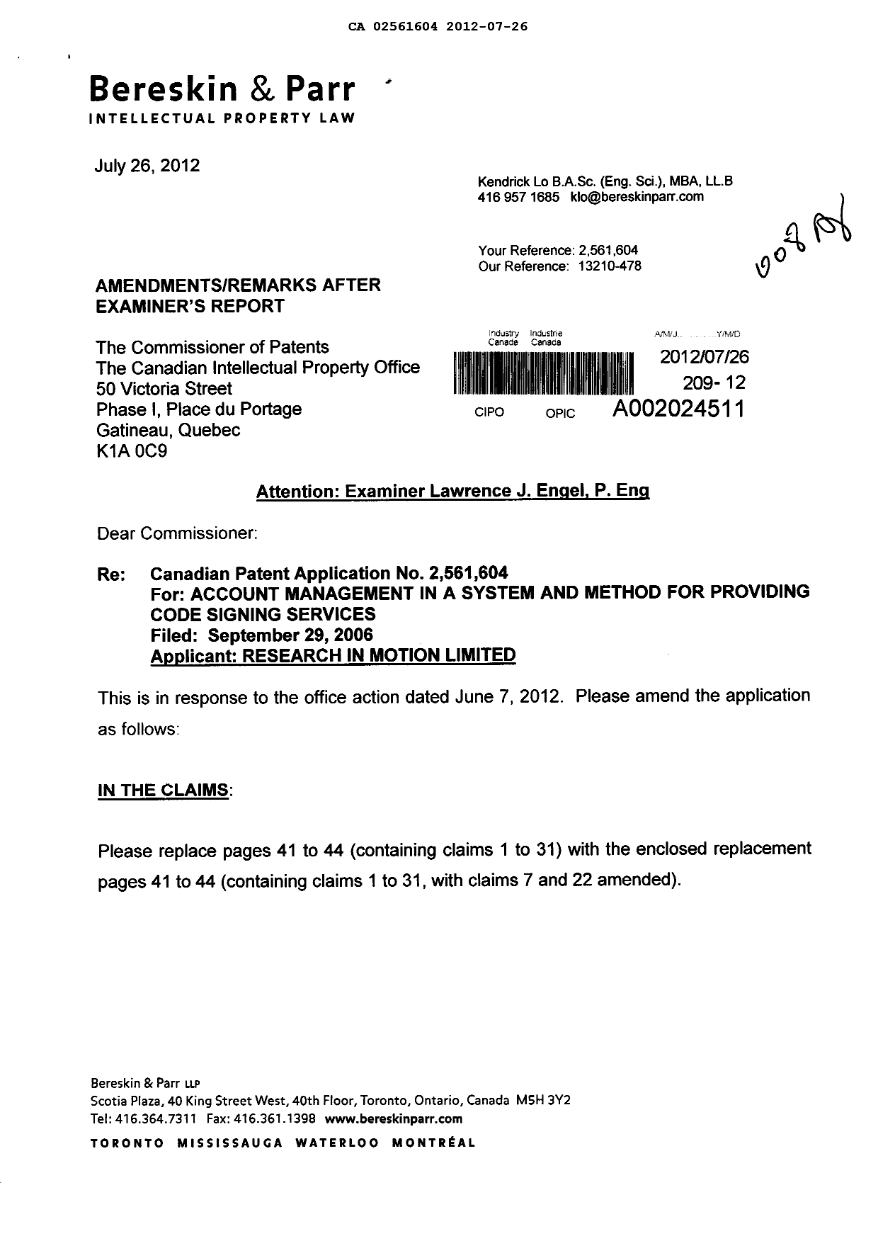 Canadian Patent Document 2561604. Prosecution-Amendment 20120726. Image 1 of 6