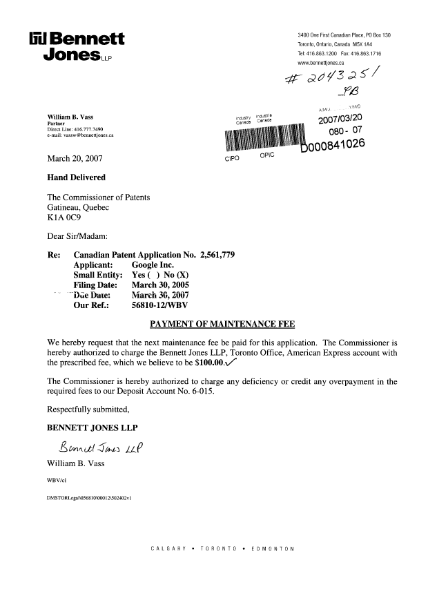 Document de brevet canadien 2561779. Taxes 20070320. Image 1 de 1