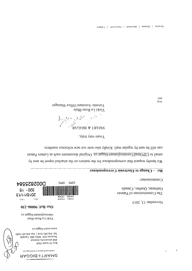 Canadian Patent Document 2561779. Correspondence 20151113. Image 1 of 4