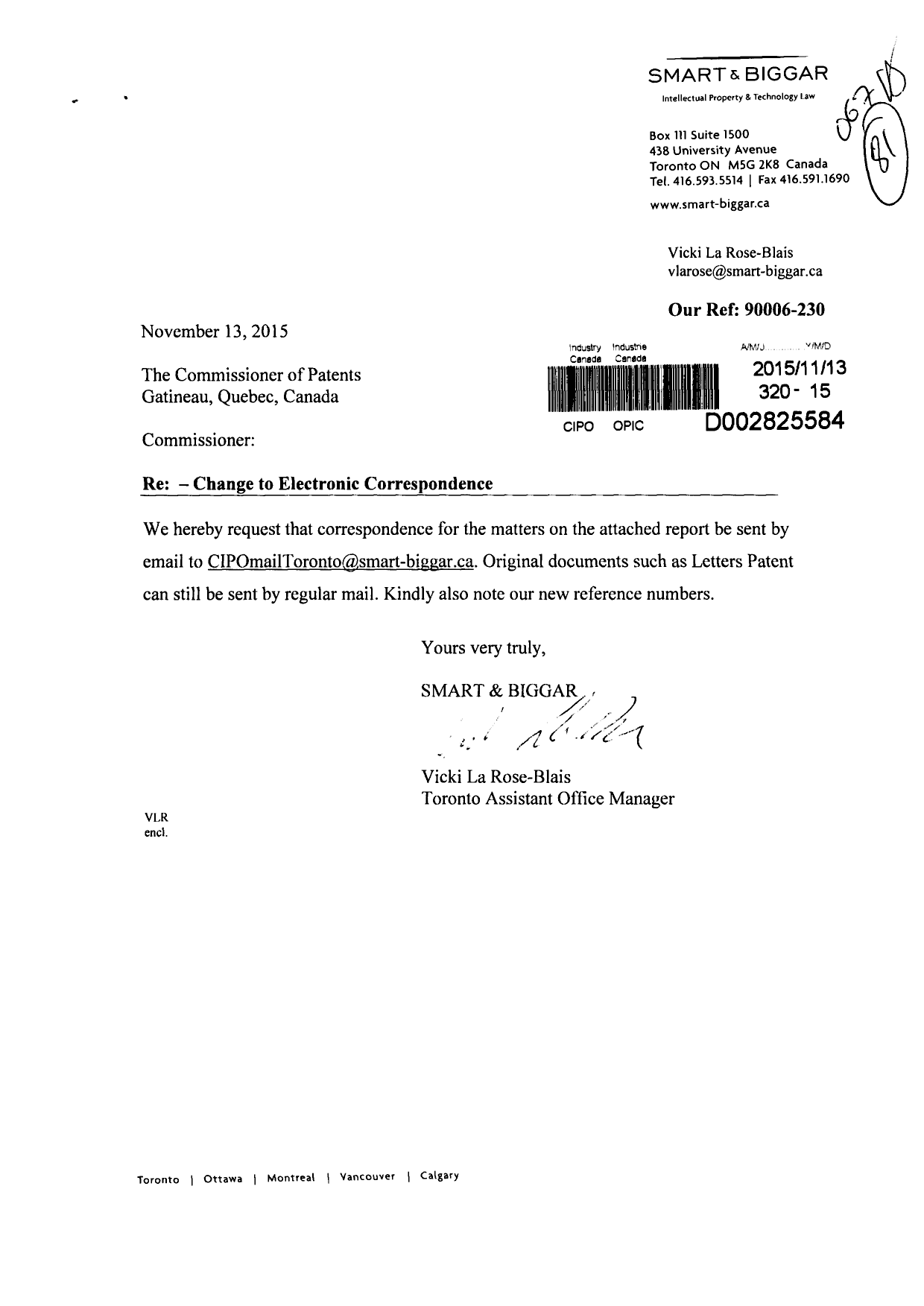 Document de brevet canadien 2561779. Correspondance 20151113. Image 1 de 4