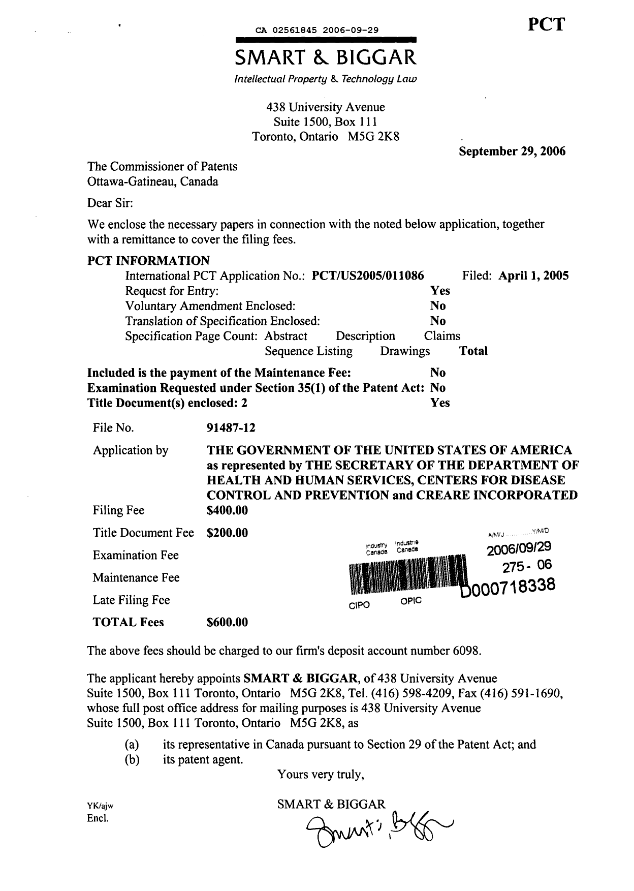 Document de brevet canadien 2561845. Cession 20060929. Image 1 de 9